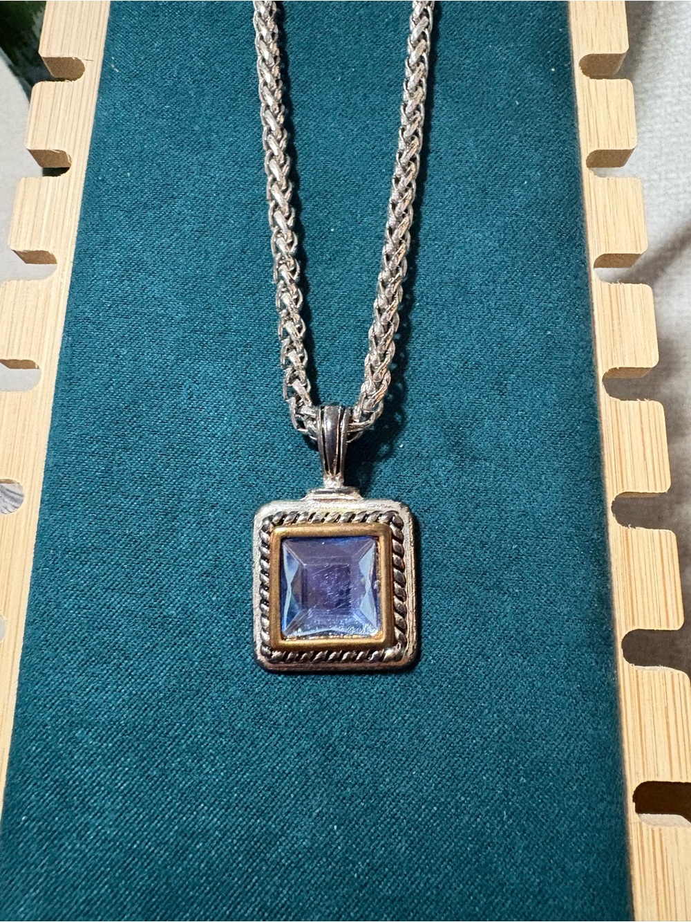 Silver Square Blue Gem Pendant Necklace